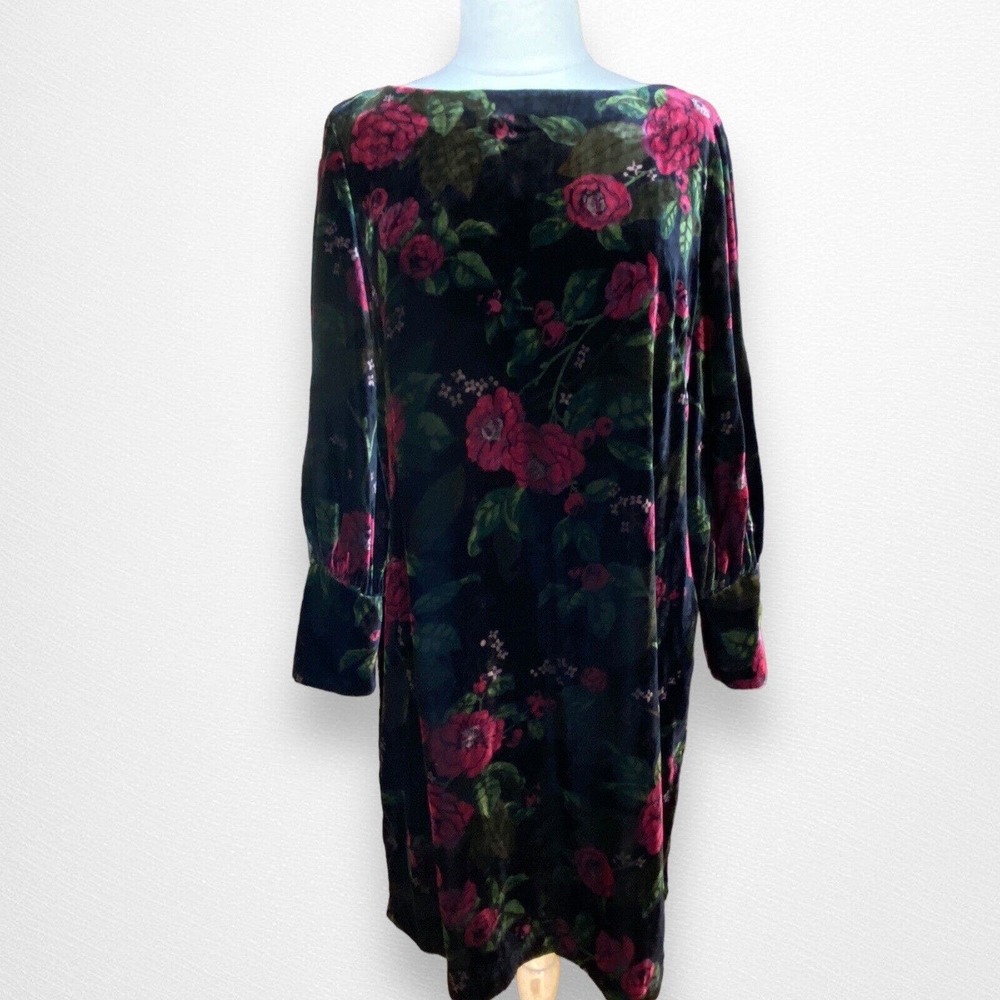 Ann Taylor Womens Dress Size 14 Velvet Floral Knee Length Cuff Wrist Dress